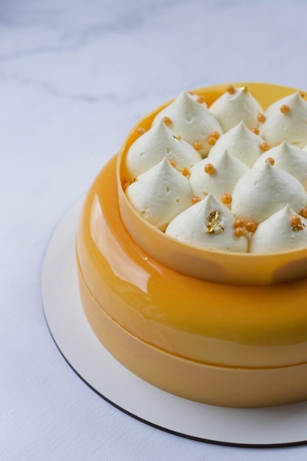 Tropical Coconut, Mango & Passionfruit Entremet side view