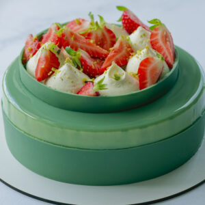 Pistachio & Raspberry Entremet front view