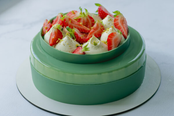 Pistachio & Raspberry Entremet front view