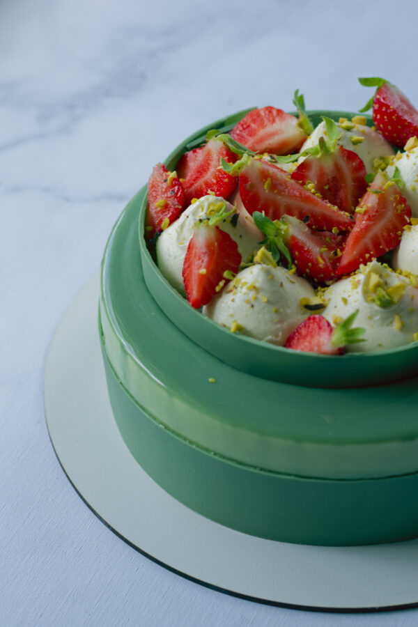 Pistachio & Raspberry Entremet side view